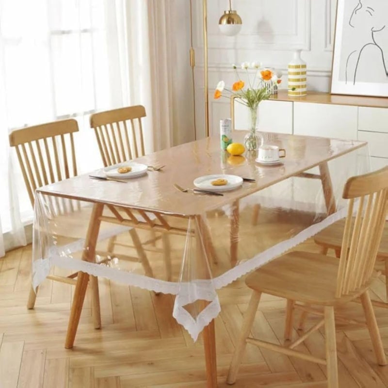 غطاء طاولة شفاف من مادة PVC مع حافة دانتيل، واقي مقاوم للماء، 152 × 120 سم.